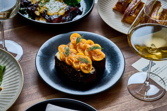 Cape gooseberries and labne on charred sourdough at Humbug.