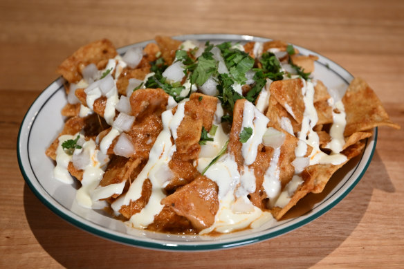 Often served for breakfast in Mexico, here chilaquiles are like saucy nachos.