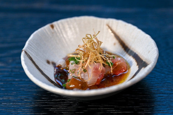 The go-to dish: Kingfish sashimi with black garlic and butter ponzu.