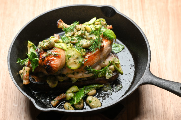 Wood-fired chicken served over a slab of sourdough.