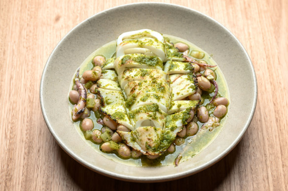 Wood-roasted calamari with borlotti beans.