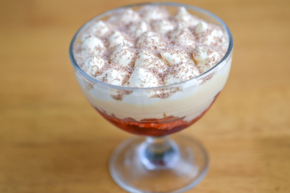Tipsy trifle, made with fig-leaf custard, cherries and a whack of Bailey’s.