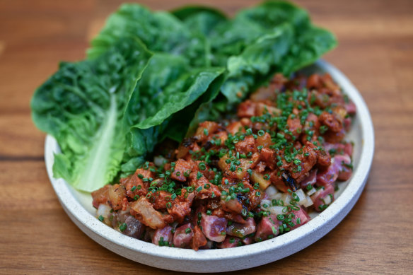 Mexican-style beef tartare with pineapple and chorizo.