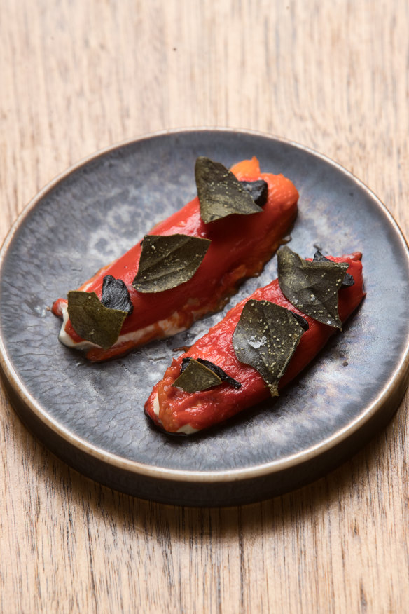 Piquillo peppers with goat’s cheese and black garlic.