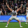 ADELAIDE, AUSTRALIA - AUGUST 09: Luke Ryan of the Dockers celebrates the win on the siren during the 2025 AFL Round 22 match between the Port Adelaide Power and the Fremantle Dockers at Optus Stadium on August 9, 2025 in Adelaide, Australia. (Photo by Sarah Reed/AFL Photos via Getty Images)
