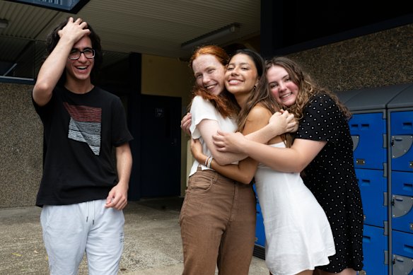 Pennant Hills High School students L-R Ozan Kocatepe, Hannah Pola, Alexandra Vega Segovia, and Isabelle Imeson are relieved and excited with their HSC results in Sydney.