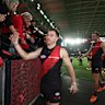 Zach Merrett of the Bombers thanks fans after his club’s win over Sydney.
