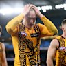 A dejected James Sicily after Hawthorn’s loss to the Brisbane Lions.