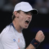 Alex de Minaur reacts after winning a point against Botic van de Zandschulp of the Netherlands.