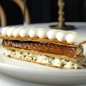 Savoury millefeuille with smoked eel.