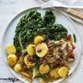 Lemony pork neck steaks with sultanas and mustard.