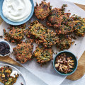 Herb, spinach, halloumi, walnut and barberry fritters.
