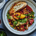 Spanish winter stew with chickpeas, beans and sausages.