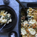 Karen Martini’s baked farfalle with tuna, silverbeet, stracciatella and peas.