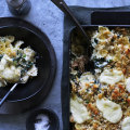 Karen Martini’s baked farfalle with tuna, silverbeet, stracciatella and peas.