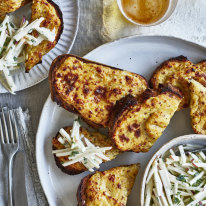 Helen Goh’s Welsh rarebit with leek and cider.