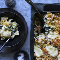 Karen Martini’s baked farfalle with tuna, silverbeet, stracciatella and peas.