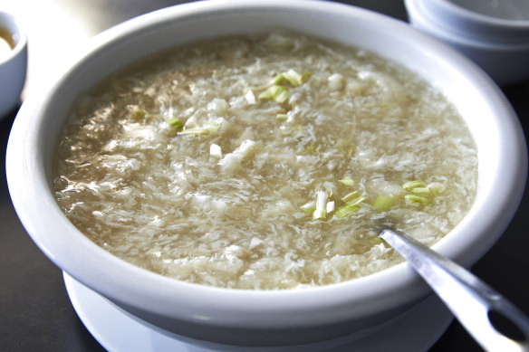 Homespun chicken soup with collagen-rich fish maw (the swim bladder).