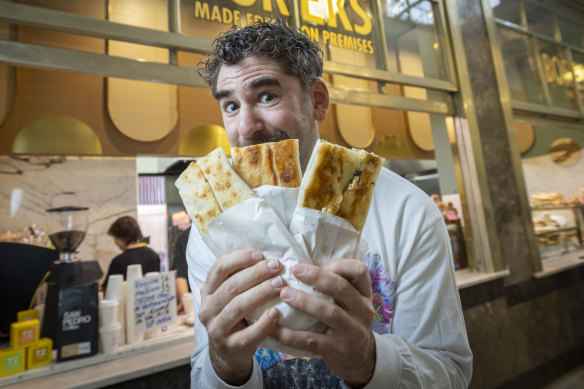 Comedian Josh Glanc at one of his favourite haunts, The Borek Stand at Queen Victoria Market.