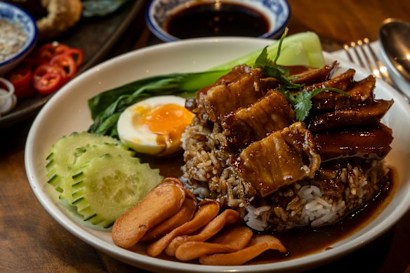 Barbecue pork on rice at Yaowarat in Melbourne’s Chinatown.