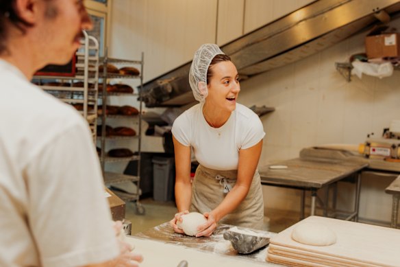 Co-owners Sonya Ivanovic and Matt Carter shaping dough at Iggy’s Bread in Bronte, 