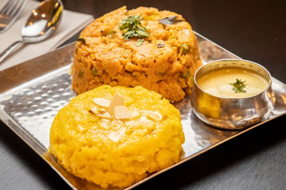 Double Delight Chow Chow Bath: one savoury, spicy patty and one sweet pineapple kesari patty.