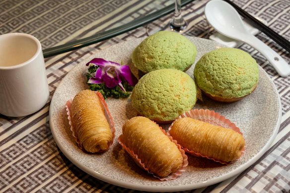 Avocado pork buns and durian puffs wrapped in spiral pastry at Shunde Cuisine.