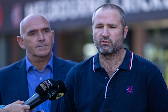 MCC chief executive Stuart Fox and MCG head curator Matthew Page front the media on Sunday.