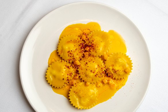 Spanner crab ravioli in pumpkin bisque is one of just two pasta dishes.
