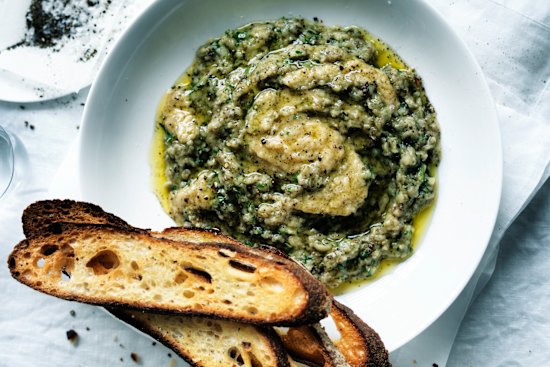 Eggplant caviar on bruschetta.
