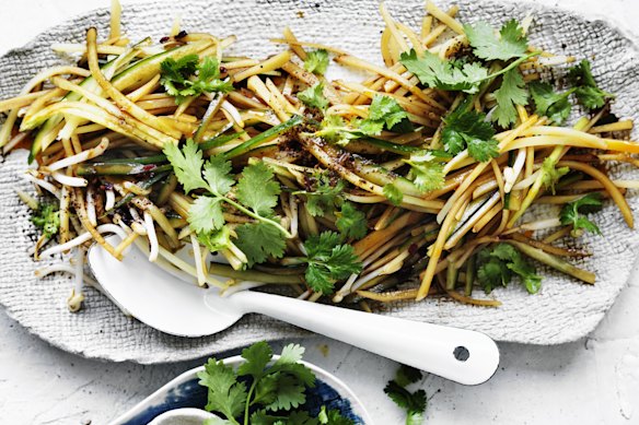 Cold shredded potato salad with coriander vinegar dressing.