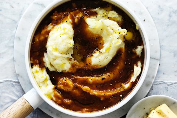 Adam Liaw’s cultured mashed potatoes with chicken gravy.