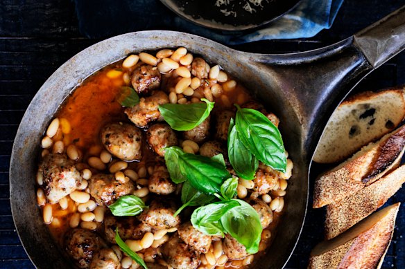 Sauteed pork sausage and white bean is quick to make but tastes like a slow-cooked dish.