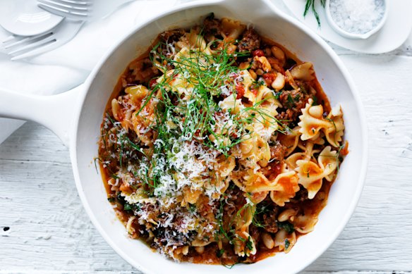 Neil Perry’s farfalle with sausage, fennel and beans.