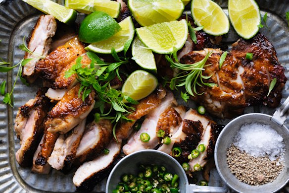 Chicken with salt, pepper and lime dipping sauce.