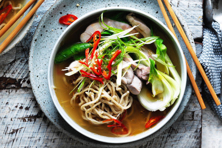 Kylie Kwong’s chicken and Hokkien noodle soup.