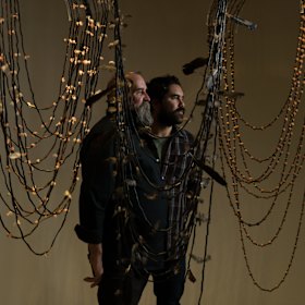 Mr Hughes and Mr Nash, with Linear artist Maree Clarke's work.