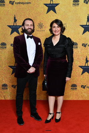 Gladys Berejiklian on the Hamilton red carpet with Qantas executive Andrew Parker in March.