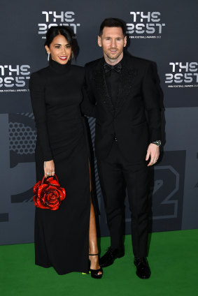 Antonela Roccuzzo and Lionel Messi at the FIFA awards on Monday.