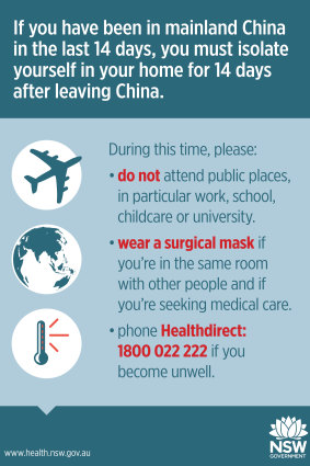 A NSW Health Department poster providing advice for travellers on self-isolating to mitigate the risk of spreading the coronavirus.