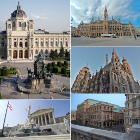 Case numbers are again surging in Vienna. From top, left to right: Kunsthistorisches Museum, Vienna City Hall, St. Stephen's Cathedral, Vienna State Opera, and Austrian Parliament Building.