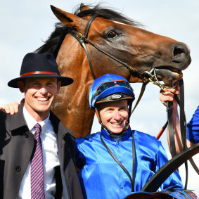 Trainer James Cummings and jockey James McDonald with Anamoe after his win in the Might And Power Stakes.