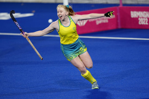 Amy Lawton celebrates after scoring in the shootout against India.