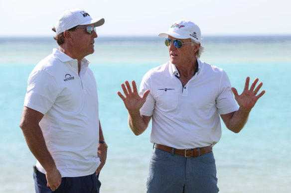 Greg Norman, right, with Phil Mickelson in Saudi Arabia in February.