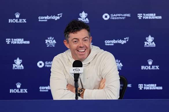 Rory McIlroy talking to media ahead of the US PGA Championships in Pennsylvania.
