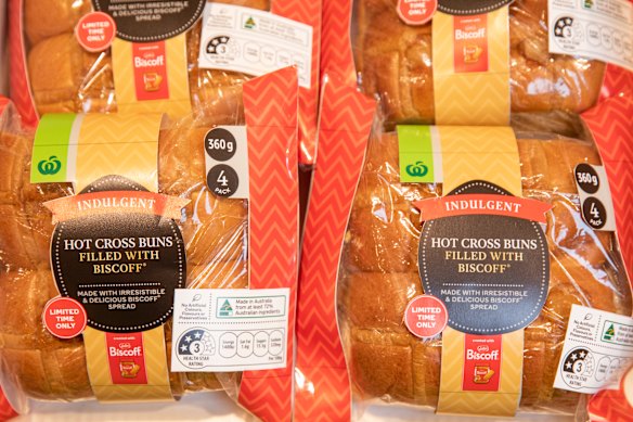 Woolworths’ hot cross buns with Lotus Biscoff.