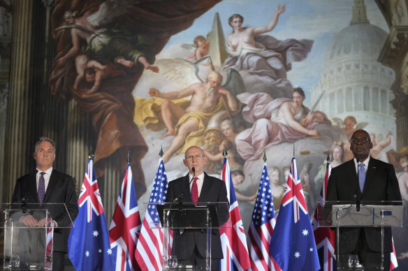 UK Defence Secretary John Healey, (centre), US Secretary of Defence Lloyd Austin, right, and Australian Defence Minister Richard Marles, left, speak during a press conference at the AUKUS Defence Ministers Meeting at Old Royal Naval College, Greenwich.