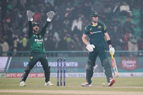 Pakistan’s Khawaja Nafay appeals successfully for Mitch Owen’s wicket.