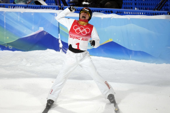 China’s Xu Mengtao reacts during the women’s aerials finals at the 2022 Winter Olympics.