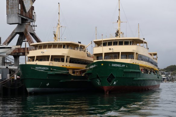The Narrabeen and Queenscliff ferries moored side-by-side at Cockatoo Island on Monday.